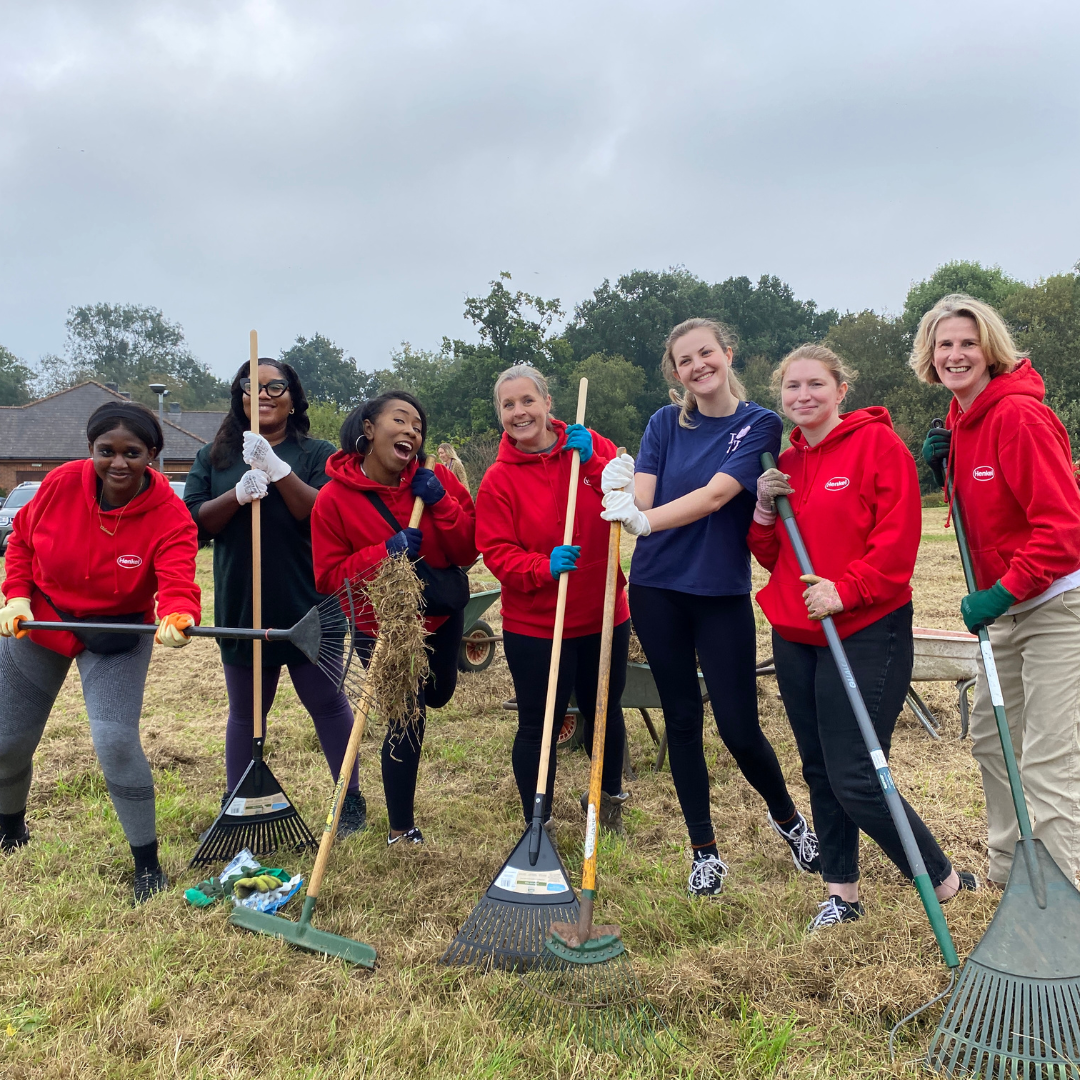 volunteers pose with rakes